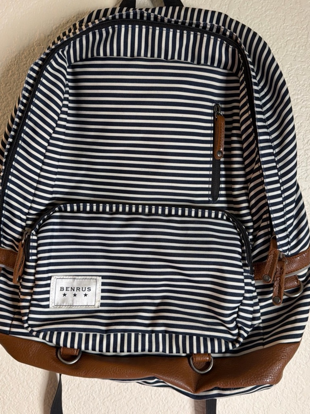Benrus Navy & White Striped Backpack with Brown Trim